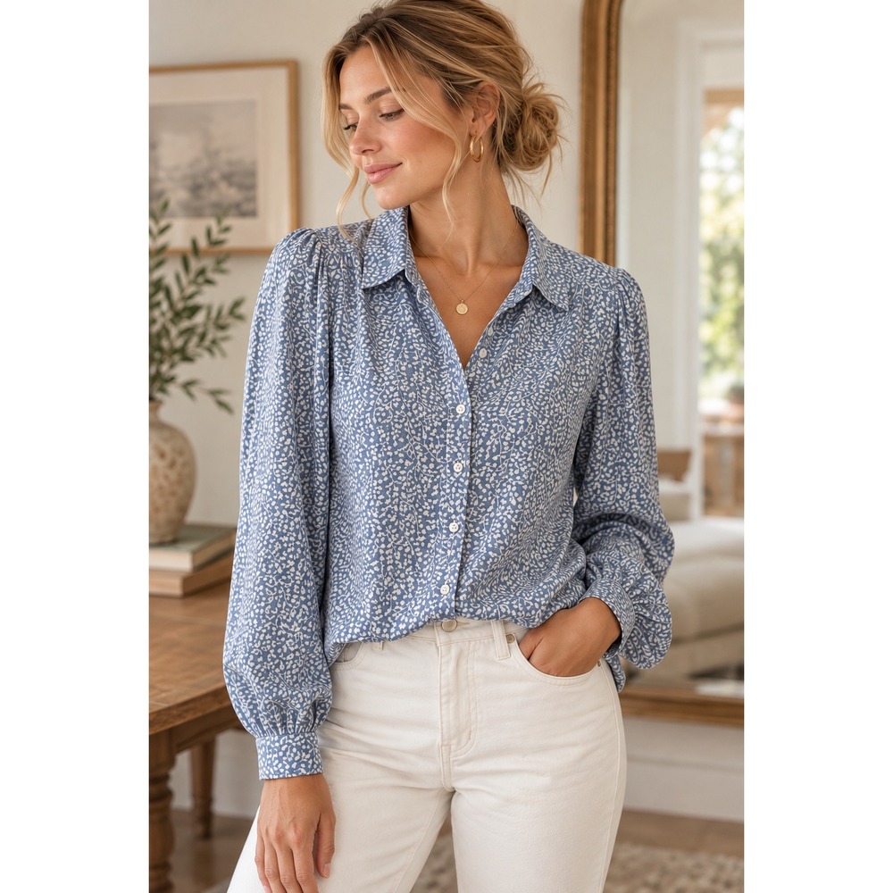 H&M Blouse Button Up Floral Leaf Print Blue White Size 6 Long Sleeve Casual Top
